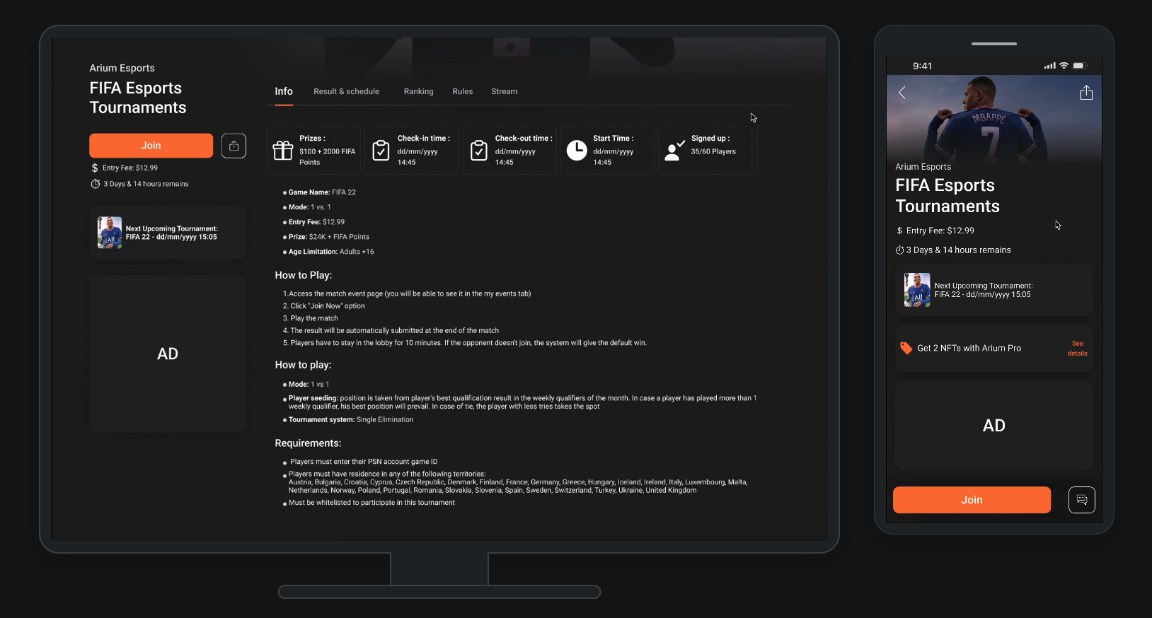 Arium tournament interface across desktop and mobile