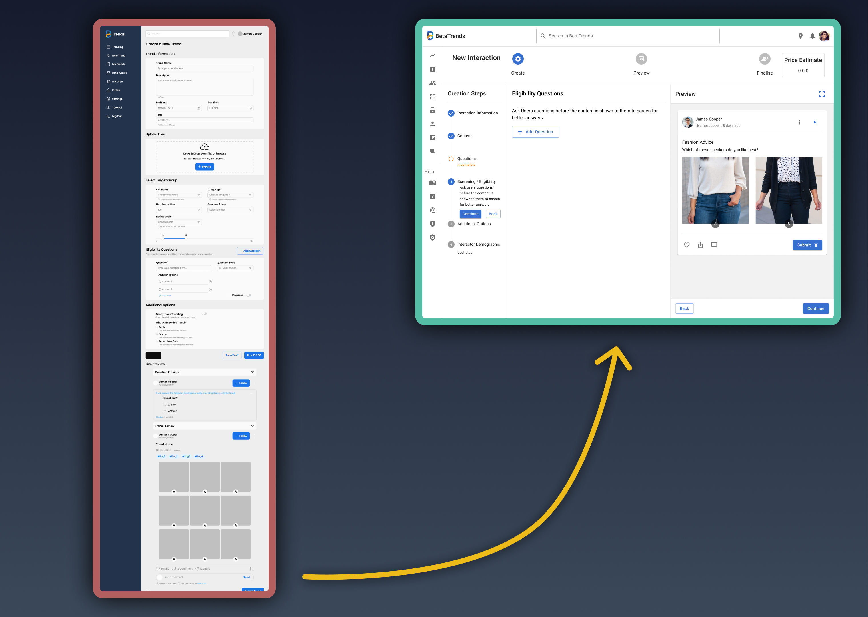 Inherited long creation form beside the redesigned BetaTrends workspace