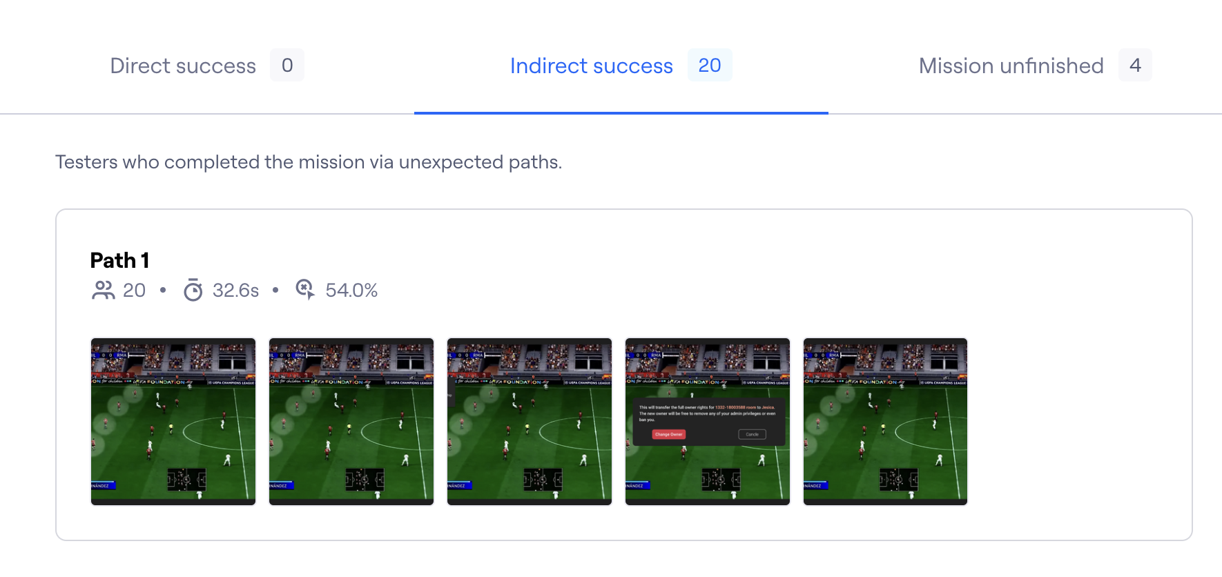 Maze report showing zero direct successes, twenty indirect successes and four unfinished attempts.