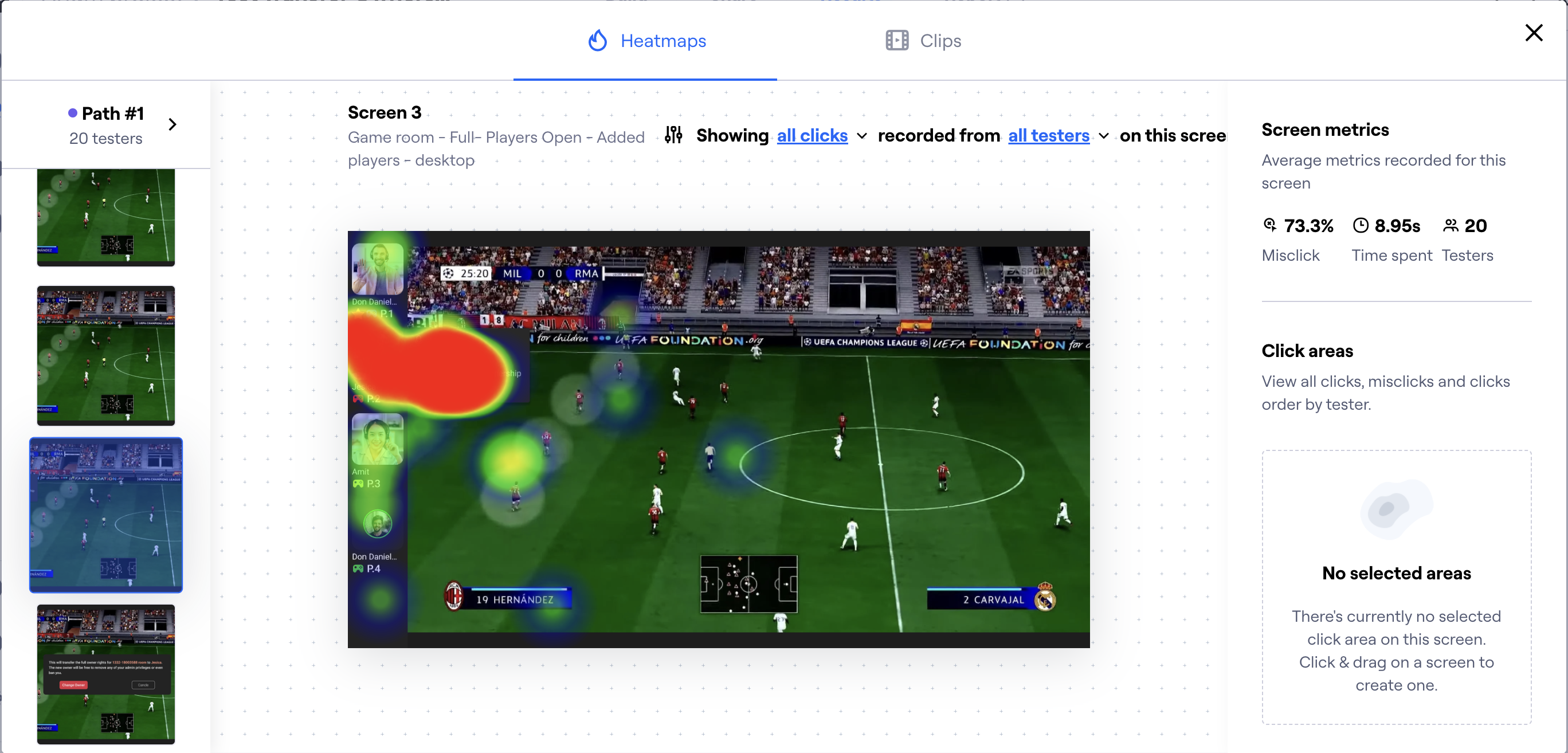 Screen-level Maze heatmap showing concentrated interaction around the open participant menu.