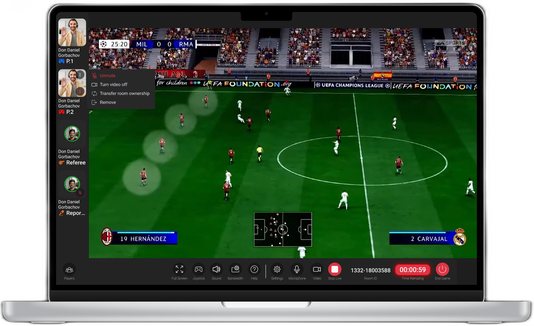 Revised desktop Game Room with a visible ellipsis on a participant card and the ownership-transfer menu open.