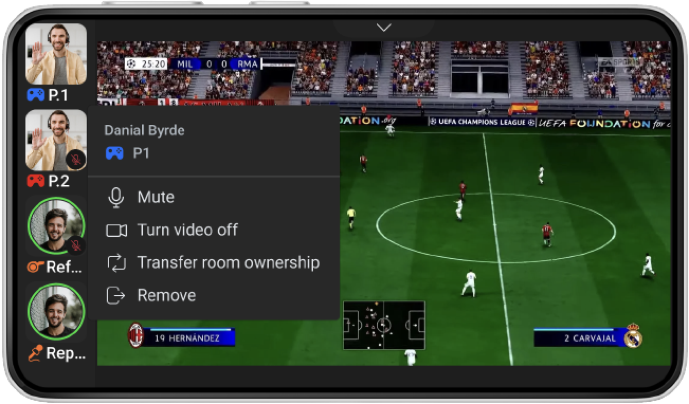 Mobile landscape Game Room with the participant menu open and Transfer room ownership visible.